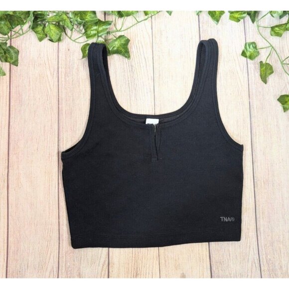 ARITZIA TNA Women's Black V-Neck Tank Cropped Waffle Knit Cotton Size XS - Picture 1 of 7